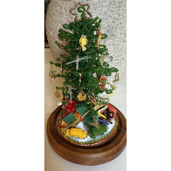 Vintage Westrim Beaded Christmas Tree Tiny Ornaments Wood Base Glass Dome 6 Inch - Picture 2 of 12